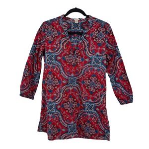 J.Crew Women's XS Cotton Tunic Top Red Blue Boho Medallion Print 3/4 Sleeve